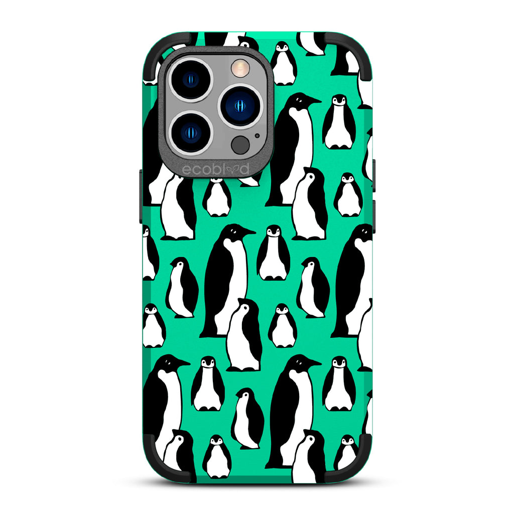 Penguins - Green Rugged Eco-Friendly iPhone 13 Pro Case With A Waddle Of Penguins