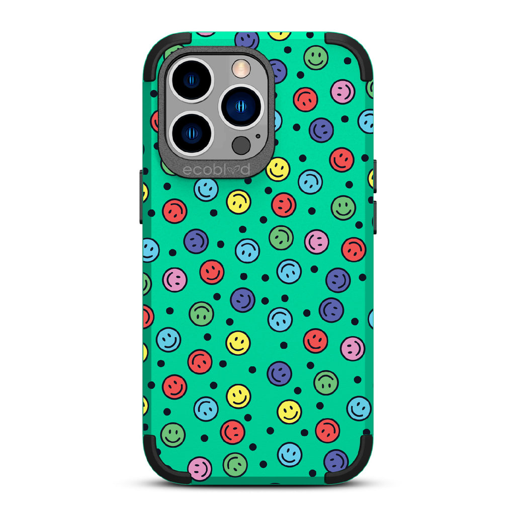All Smiles - Green Rugged Eco-Friendly iPhone 13 Pro Case With Multicolored Smiley Faces & Black Dots On Back