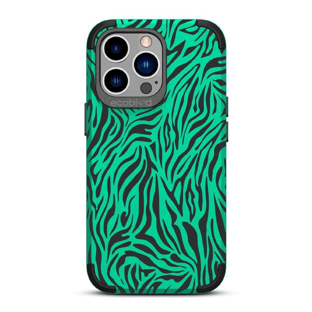 Zebra Print - Green Rugged Eco-Friendly iPhone 13 Pro Case With Zebra Print On Back