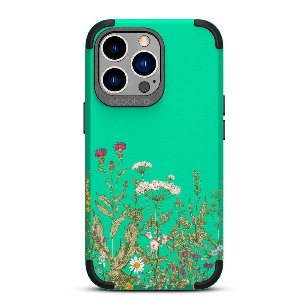 Take Root - Green Rugged Eco-Friendly iPhone 13 Pro Case With Wild Herbs & Flowers Botanical Herbarium