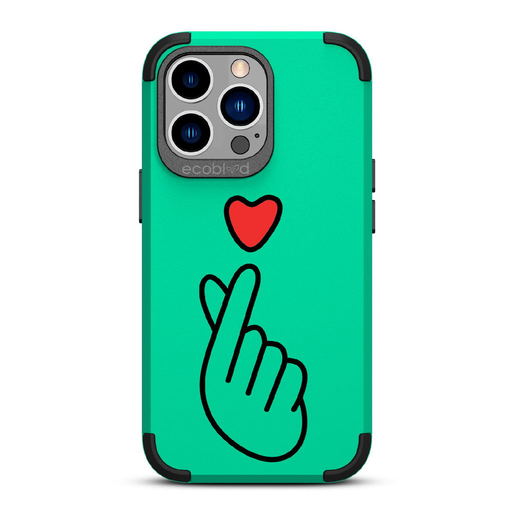 Finger Heart - Green Rugged Eco-Friendly iPhone 12/13 Pro Max Case With Red Heart Above Hand With Index Finger & Thumb Crossed On Back