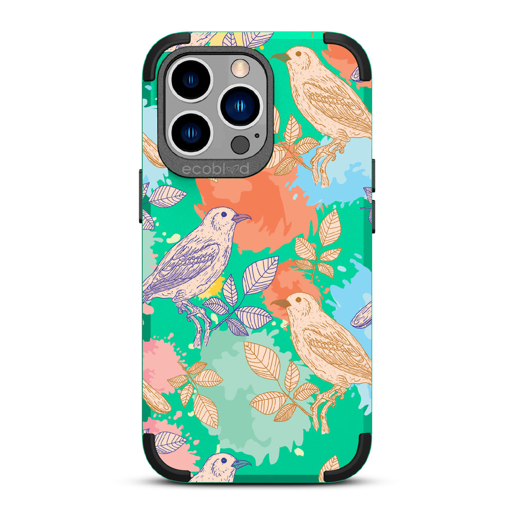 Perch Perfect - Green Rugged Eco-Friendly iPhone 13 Pro With Birds On Branches & Splashes Of Color