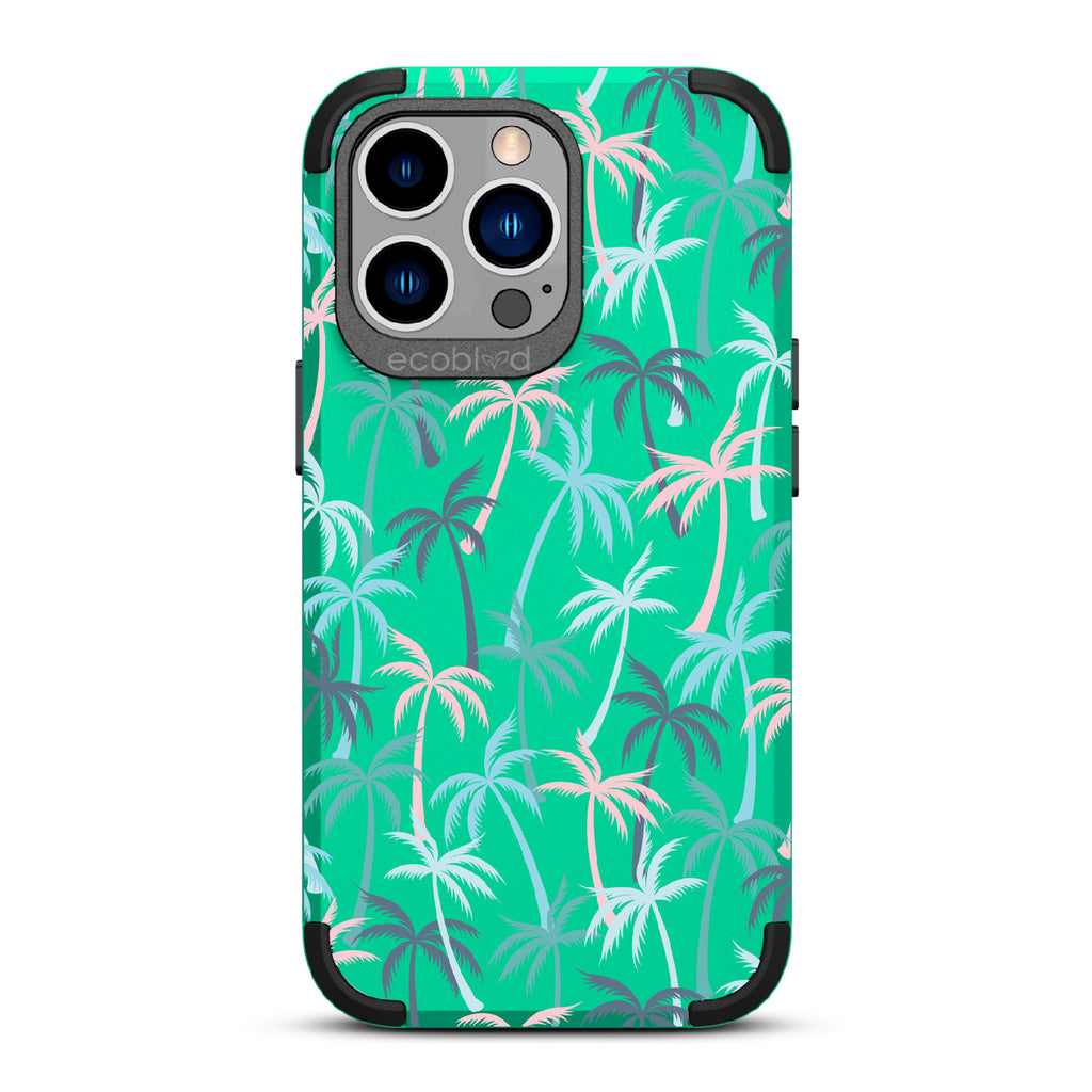 Cruel Summer - Green Rugged Eco-Friendly iPhone 13 Pro Case With Hotline Miami Colored Tropical Palm Trees On Back 