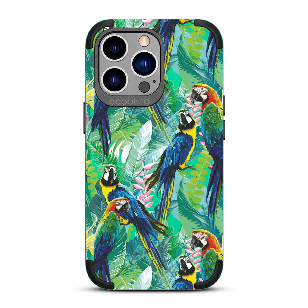 Macaw Medley - Green Rugged Eco-Friendly iPhone 13 Pro Case With Macaws & Tropical Leaves On Back