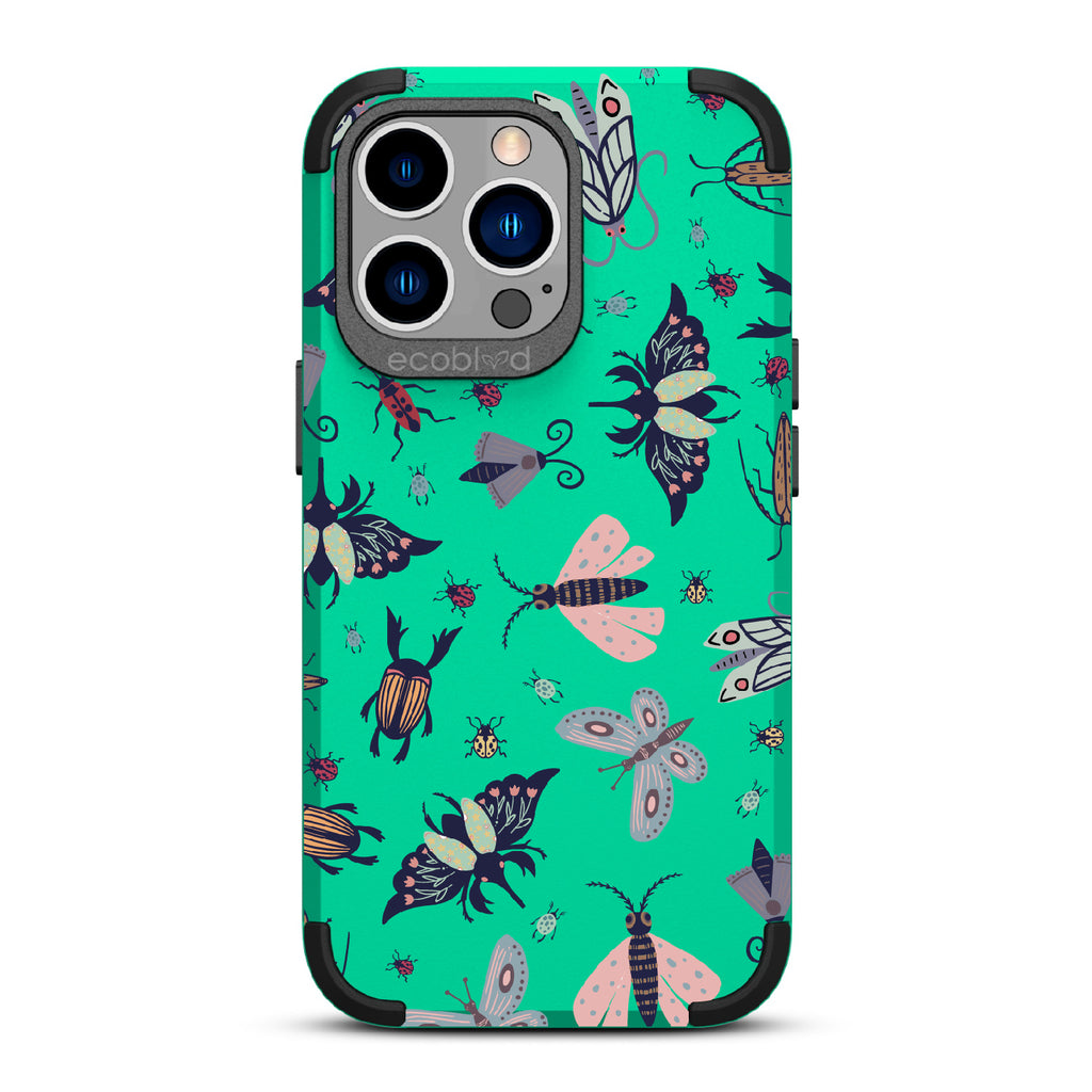Bug Out - Green Rugged Eco-Friendly iPhone 13 Pro Case With Butterflies, Moths, Dragonflies, And Beetles On Back