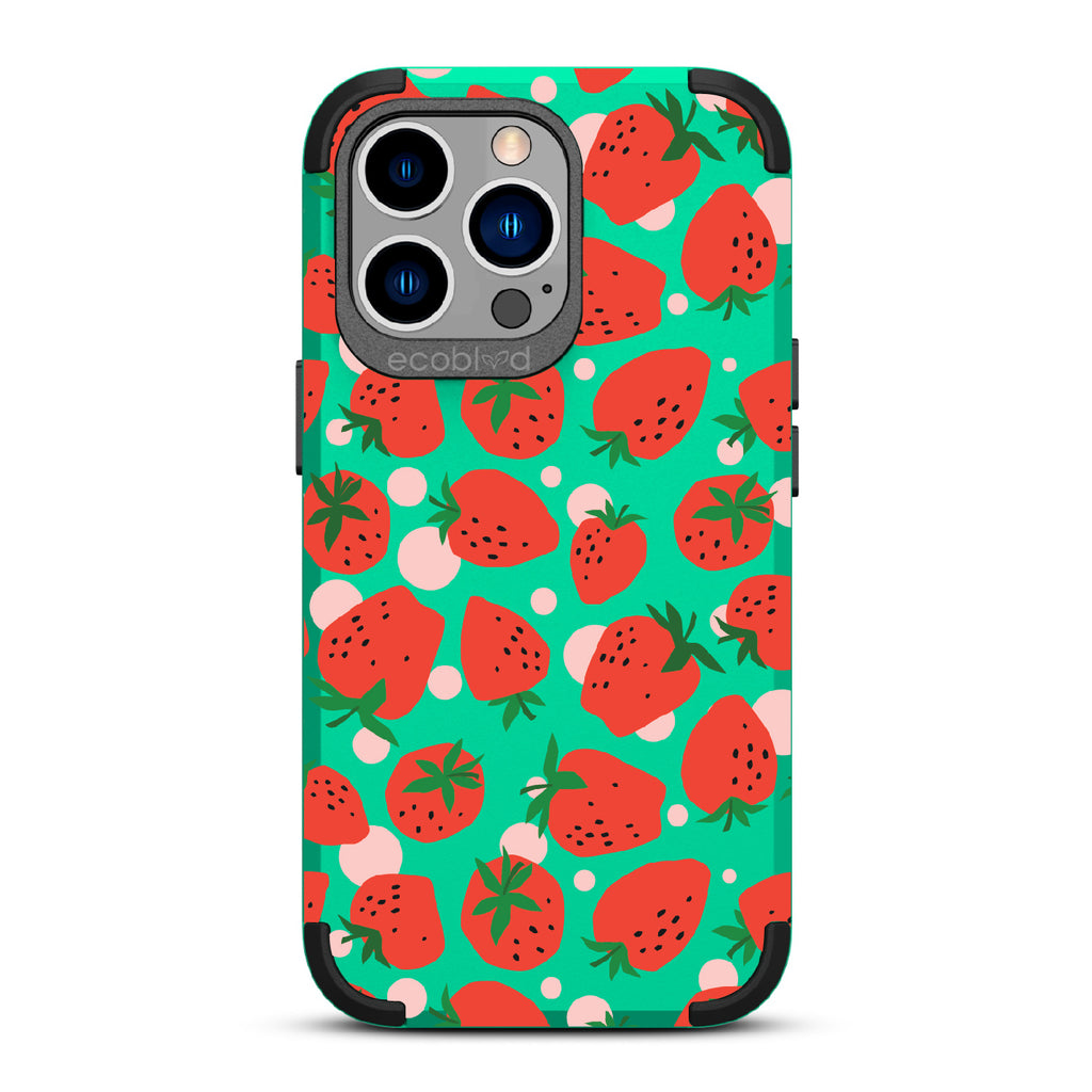 Strawberry Fields - Green Rugged Eco-Friendly iPhone 13 Pro Case With Strawberries On Back