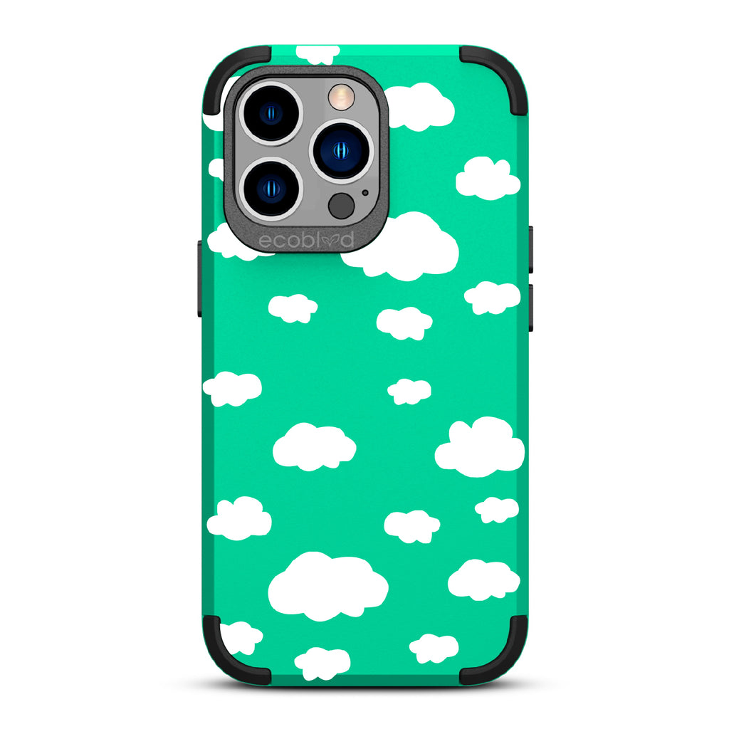 Clouds - Green Rugged Eco-Friendly iPhone 12/13 Pro Max Case With A Fluffy White Cartoon Clouds Print On Back