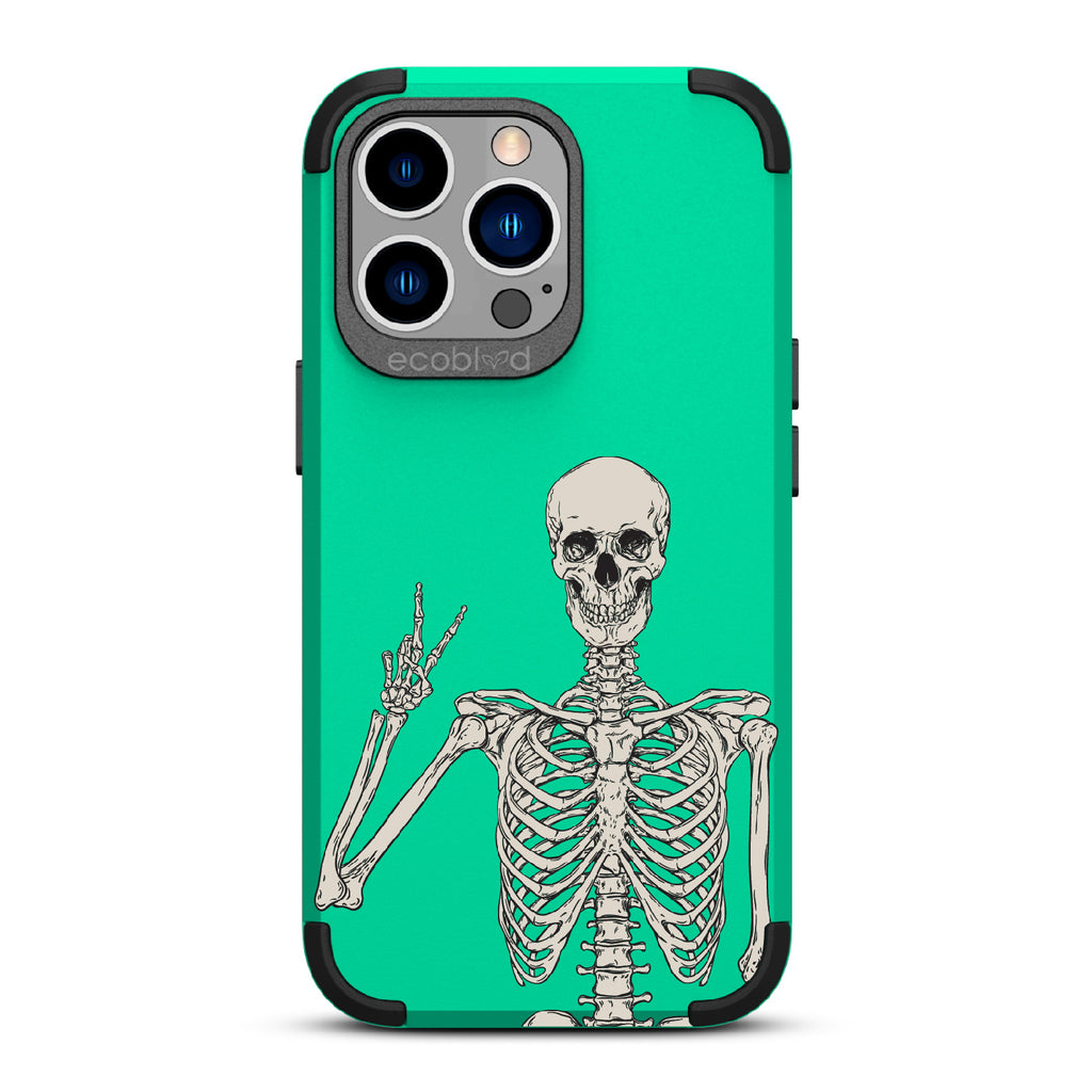 Creeping It Real - Green Rugged Eco-Friendly iPhone 13 Pro Case With Skeleton Giving A Peace Sign On Back