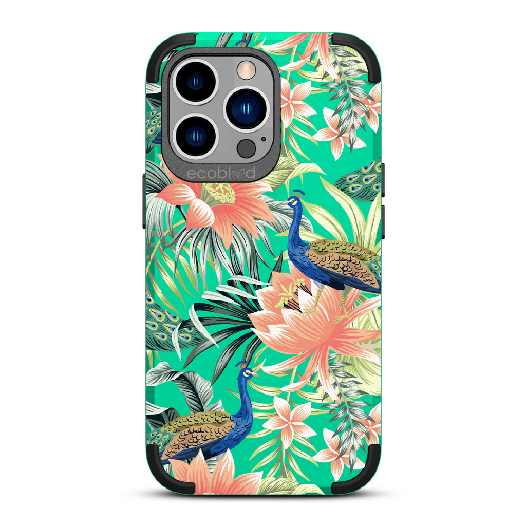 Peacock Palace - Green Rugged Eco-Friendly iPhone 13 Pro Case With Peacocks + Colorful Tropical Fauna On Back
