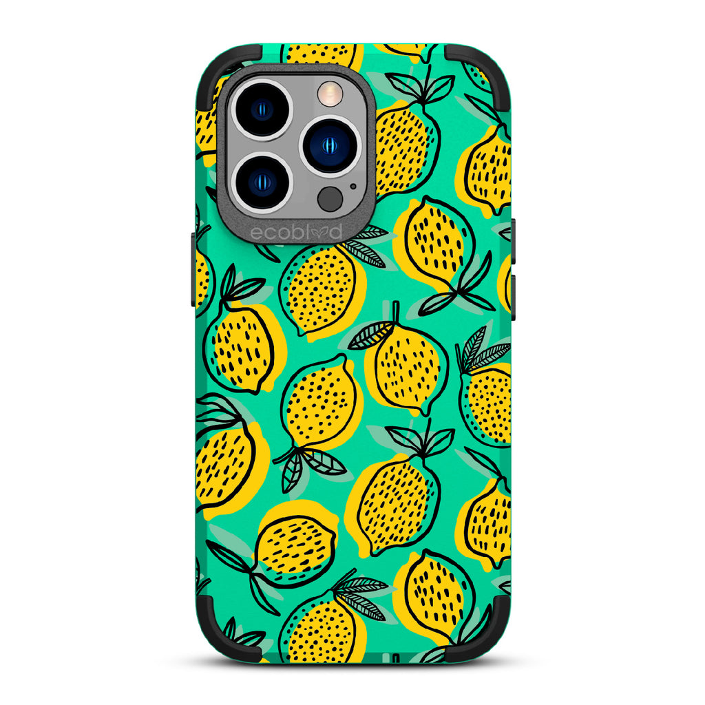 Lemon Drop - Green Rugged Eco-Friendly iPhone 13 Pro Case With Retro Lemon Print On Back 