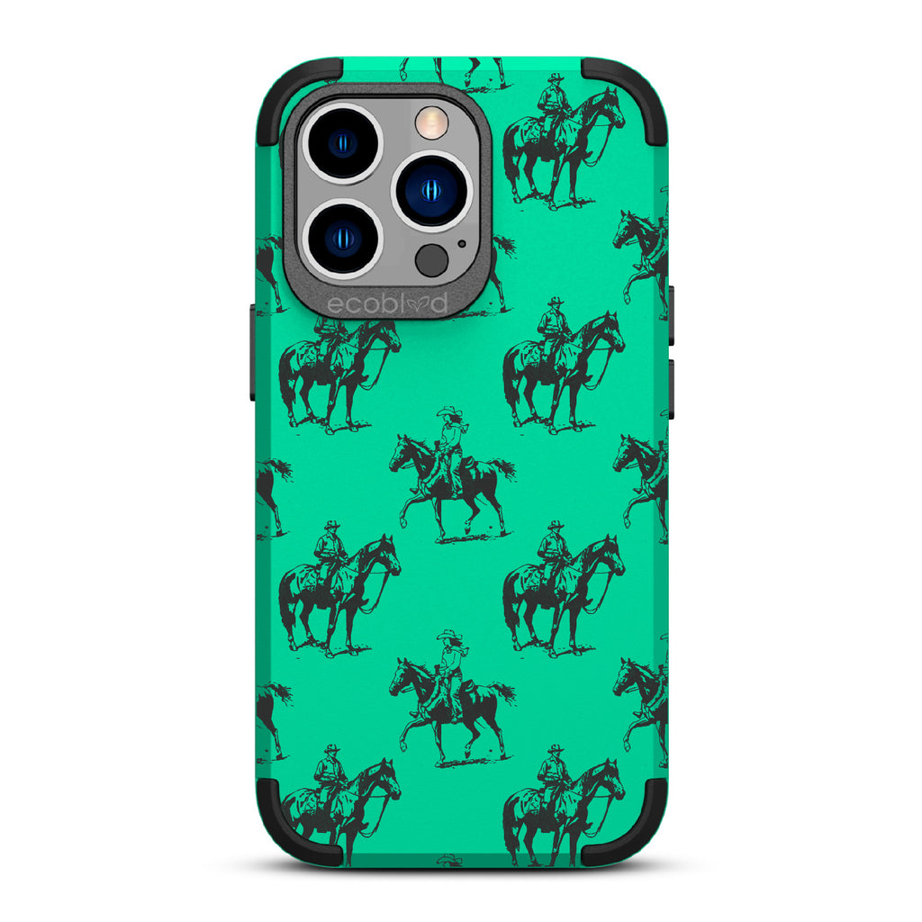 Horsin' Around  - Green Rugged Eco-Friendly iPhone 13 Pro Case With Cowboys On Horseback On Back