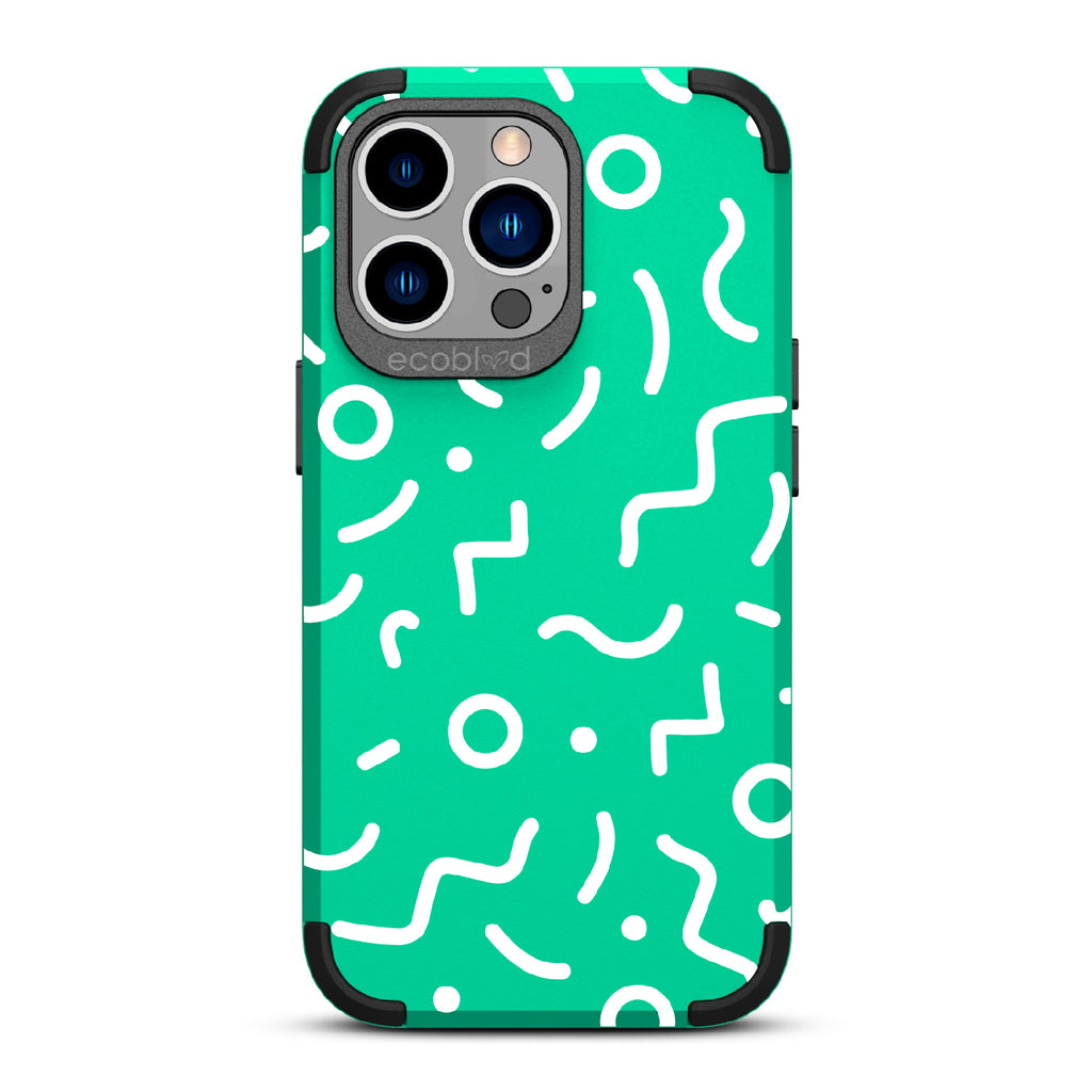 90's Kids  - Green Rugged Eco-Friendly iPhone 12/13 Pro Max Case With Retro 90's Lines & Squiggles On Back