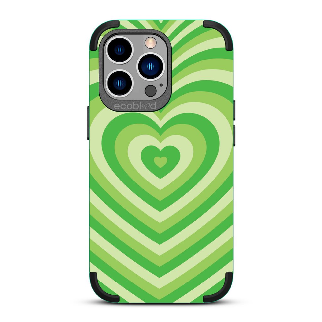 Tunnel Of Love - Green Rugged Eco-Friendly iPhone 13 Pro Case With A Small Heart Gradually Growing Larger On Back