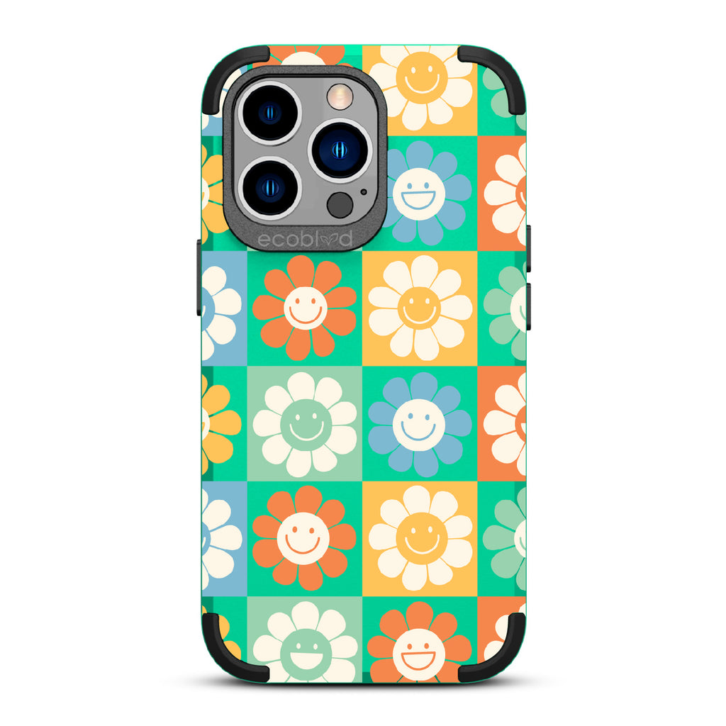 Flower Power - Green Rugged Eco-Friendly iPhone 13 Pro Case With70's Gingham Cartoon Flowers W/ Smiley Faces On Back