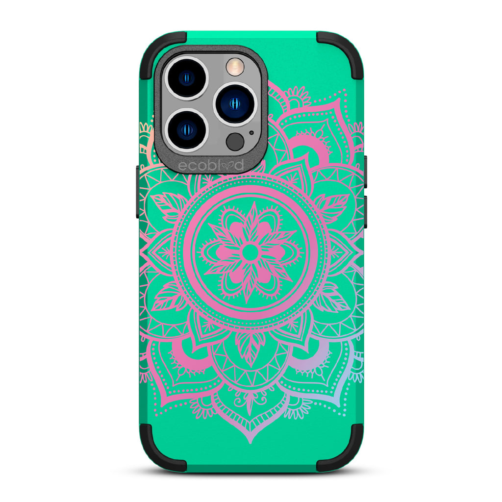 Mandala - Green Rugged Eco-Friendly iPhone 12/13 Pro Max Case With A Pink Lotus Flower Mandala On Back
