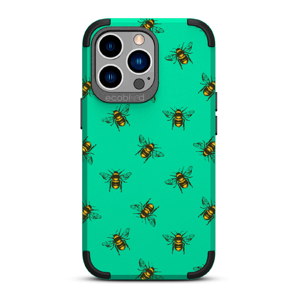 Bees - Green Rugged Eco-Friendly iPhone 13 Pro Case With A Honey Bees On Back