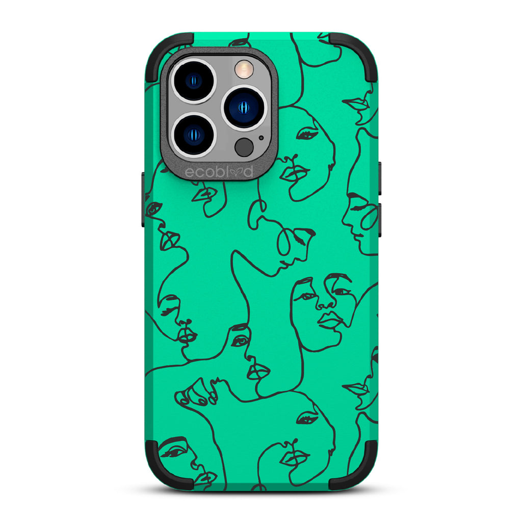 Delicate Touch - Green Rugged Eco-Friendly iPhone 12/13 Pro Max Case With Line Art Of A Woman’s Face On Back