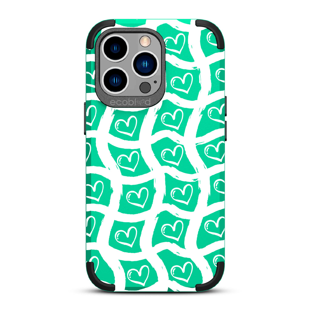 Waves Of Affection - Green Rugged Eco-Friendly iPhone 13 Pro Case With Wavy Paint Stroke Checker Print With Hearts On Back