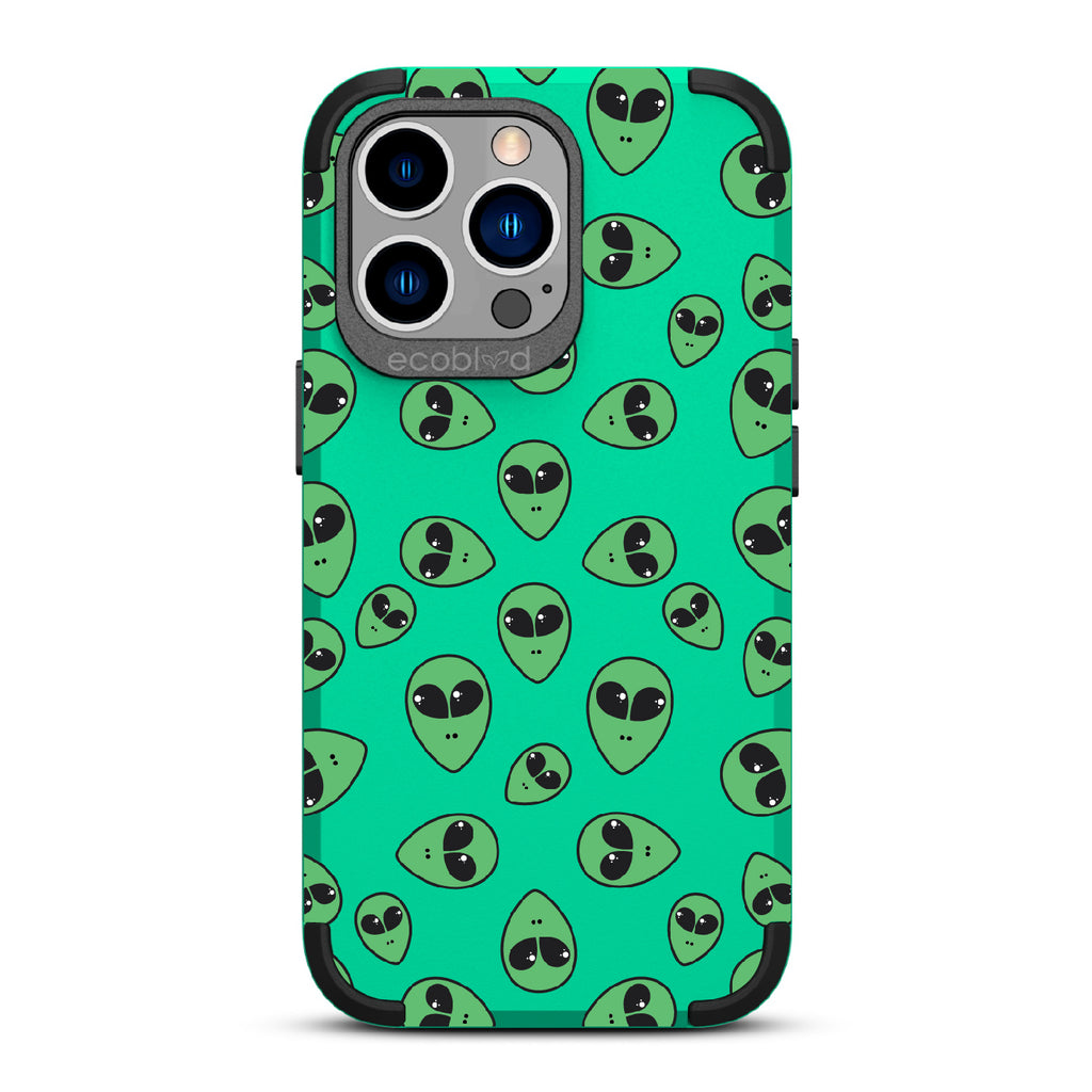 Aliens - Green Rugged Eco-Friendly iPhone 13 Pro Case With Green Cartoon Alien Heads On Back