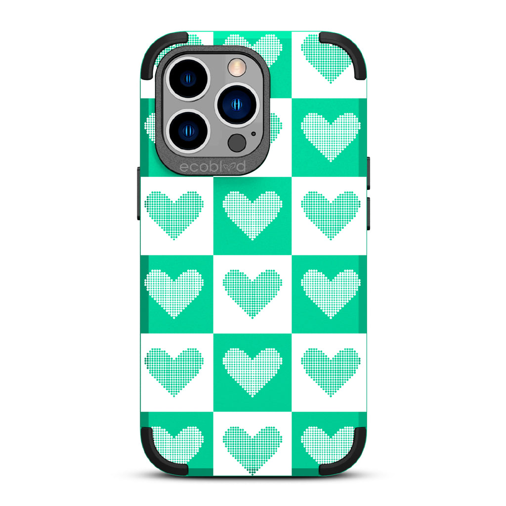 Quilty Pleasures - Green Rugged Eco-Friendly iPhone 13 Pro Case With White Checkered Print With Knitted Hearts On Back