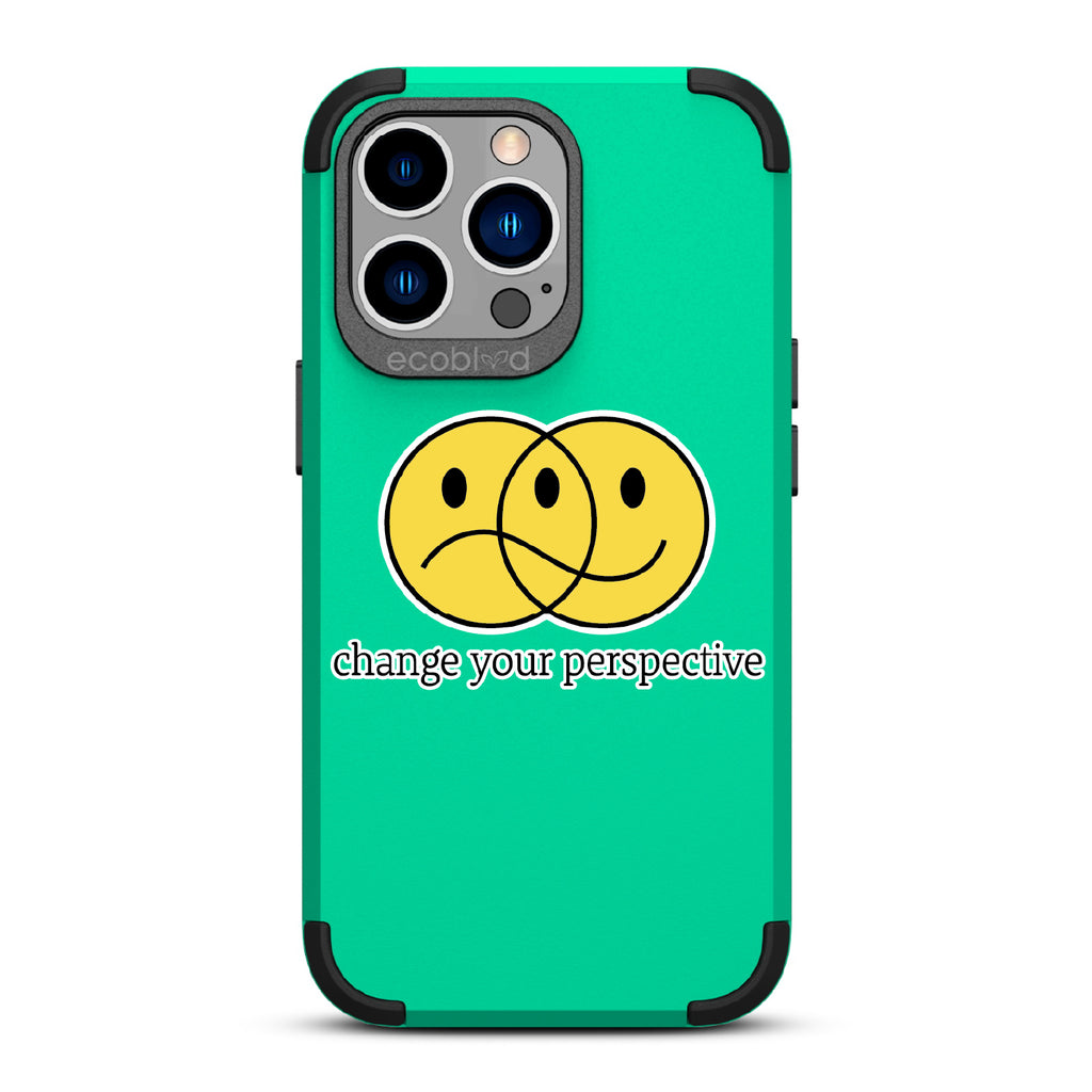 Perspective - Green Rugged Eco-Friendly iPhone 12/13 Pro Max Case With A Happy/Sad Face & Change Your Perspective On Back