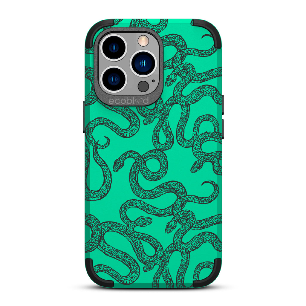 Slithering Serpent - Green Rugged Eco-Friendly iPhone 13 Pro Case With Diamondback Snakes On Back