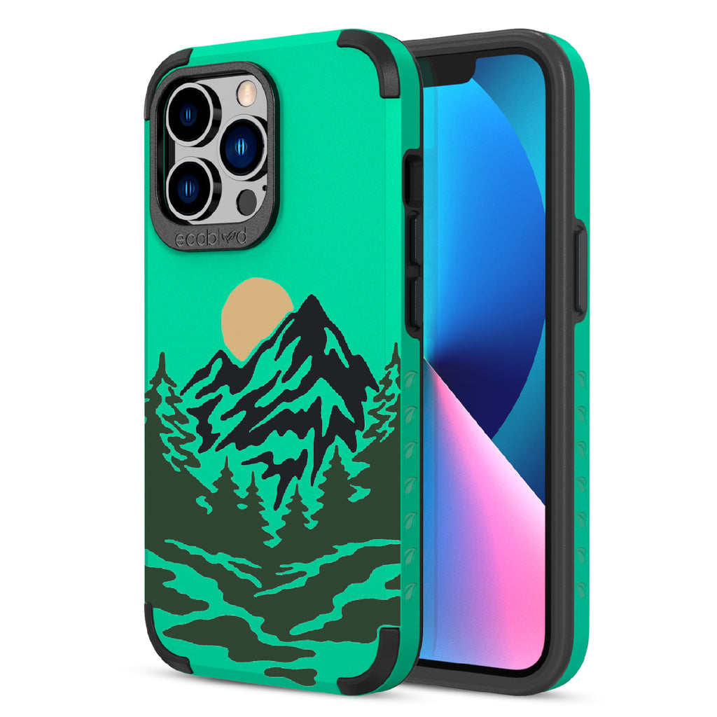 Mountains - Back View Of Green & Eco-Friendly Rugged iPhone 13 Pro Case & A Front View Of The Screen