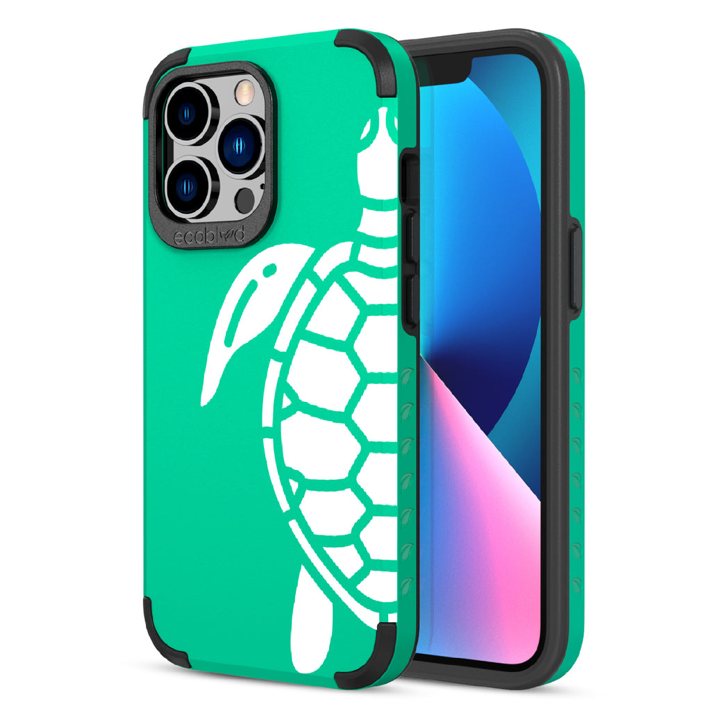 Sea Turtle - Back View Of Green & Eco-Friendly Rugged iPhone 13 Pro Case & A Front View Of The Screen