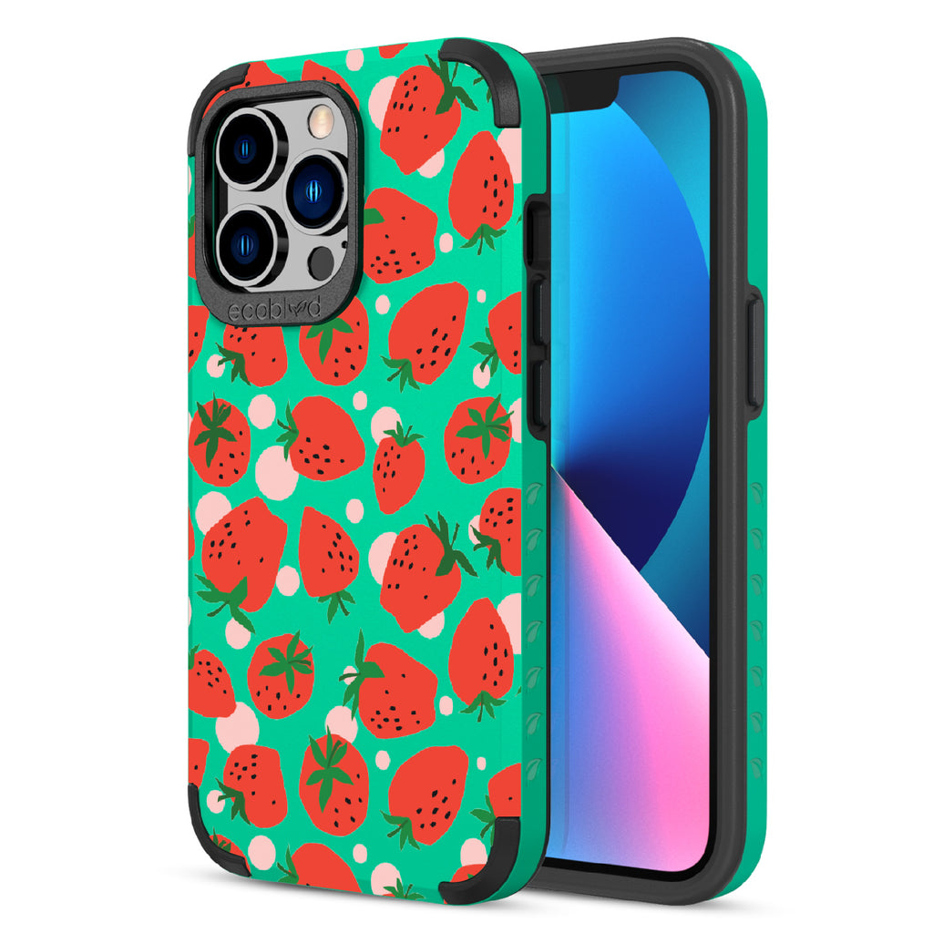 Strawberry Fields - Back View Of Green & Eco-Friendly Rugged iPhone 13 Pro Case & A Front View Of The Screen