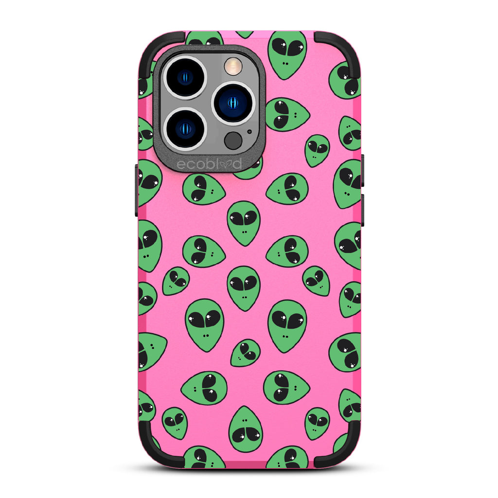 Aliens - Pink Rugged Eco-Friendly iPhone 13 Pro Case With Green Cartoon Alien Heads On Back
