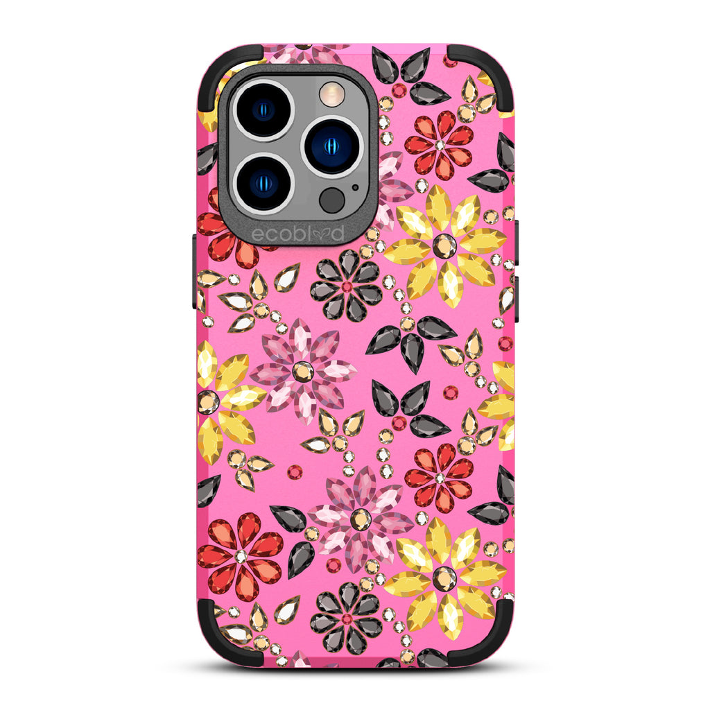 Bejeweled - Rhinestone Jewels In Floral Patterns - Pink Eco-Friendly Rugged iPhone 13 Pro Case 
