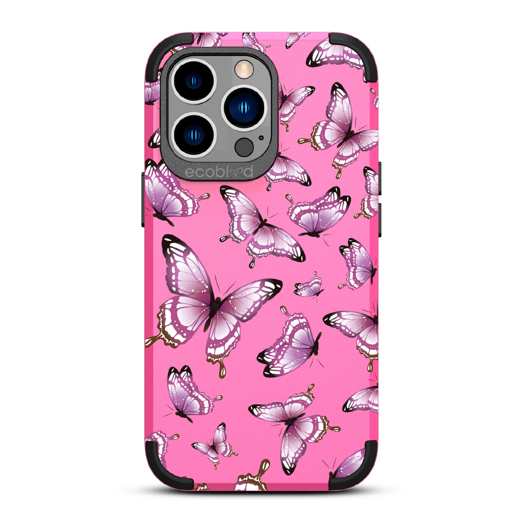 Social Butterfly - Pink Rugged Eco-Friendly iPhone 13 Pro Case With Colorful Butterflies On Back