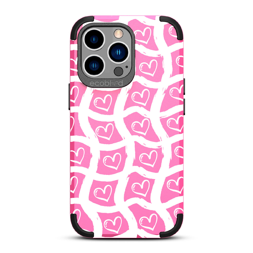 Waves Of Affection - Pink Rugged Eco-Friendly iPhone 13 Pro Case With Wavy Paint Stroke Checker Print With Hearts On Back