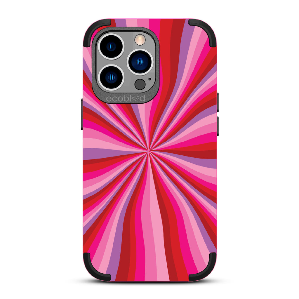 Burst Of Passion - Pink Rugged Eco-Friendly iPhone 13 Pro Case With Radial Burst Of Pink & Purple Gradients On Back