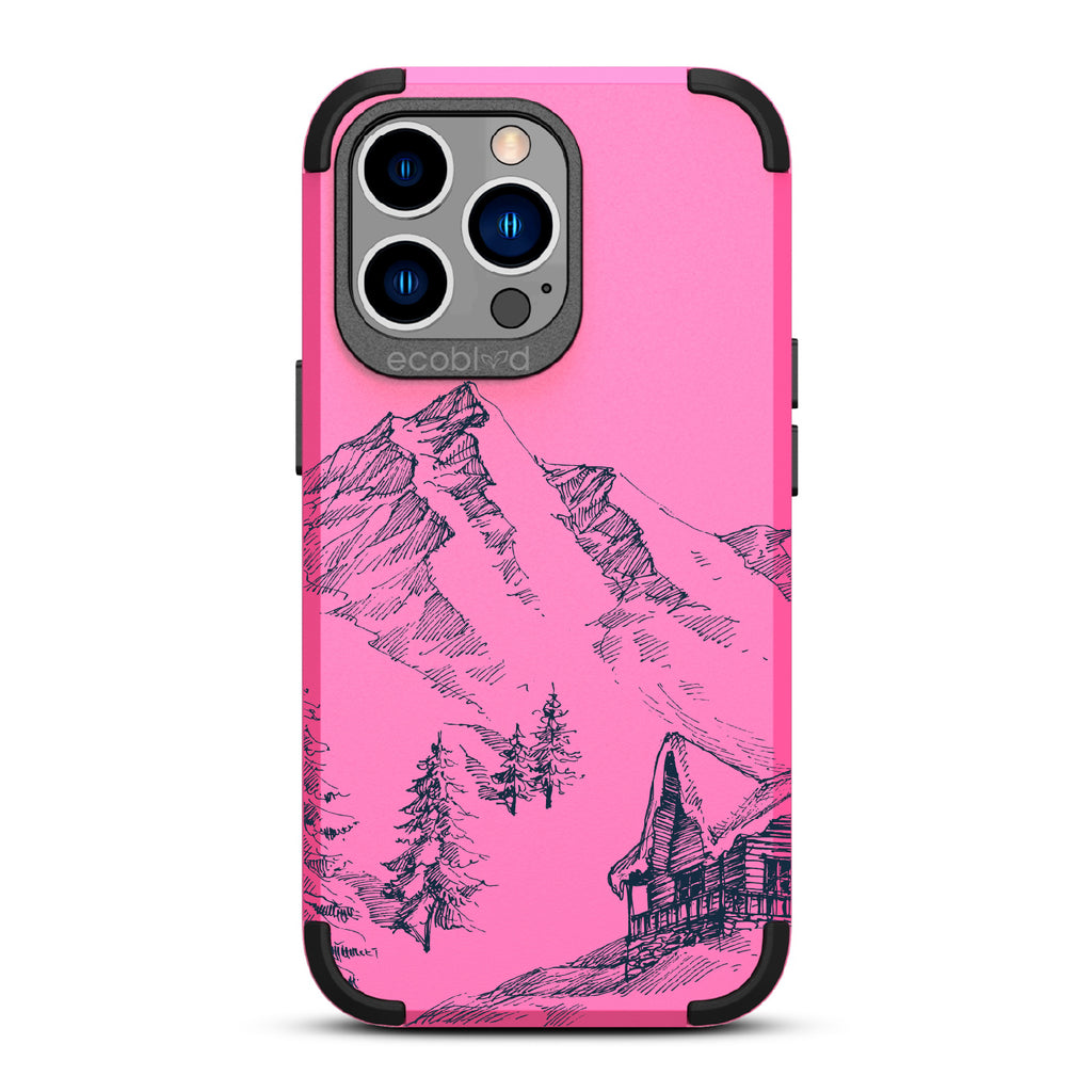 Cabin Retreat - Pink Rugged Eco-Friendly iPhone 13 Pro Case With Hand-Drawn Snowy Mountainside Wood Cabin