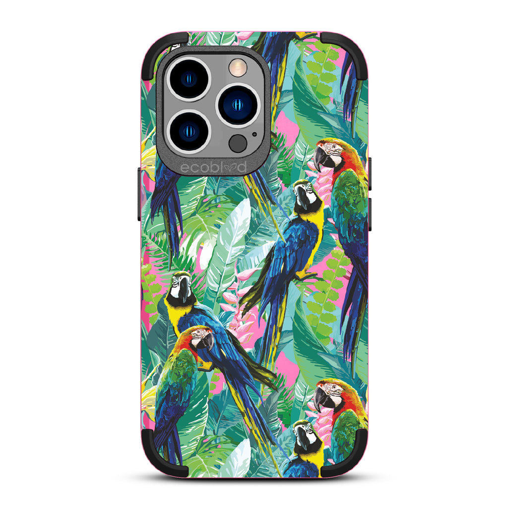 Macaw Medley - Pink Rugged Eco-Friendly iPhone 13 Pro Case With Macaws & Tropical Leaves On Back