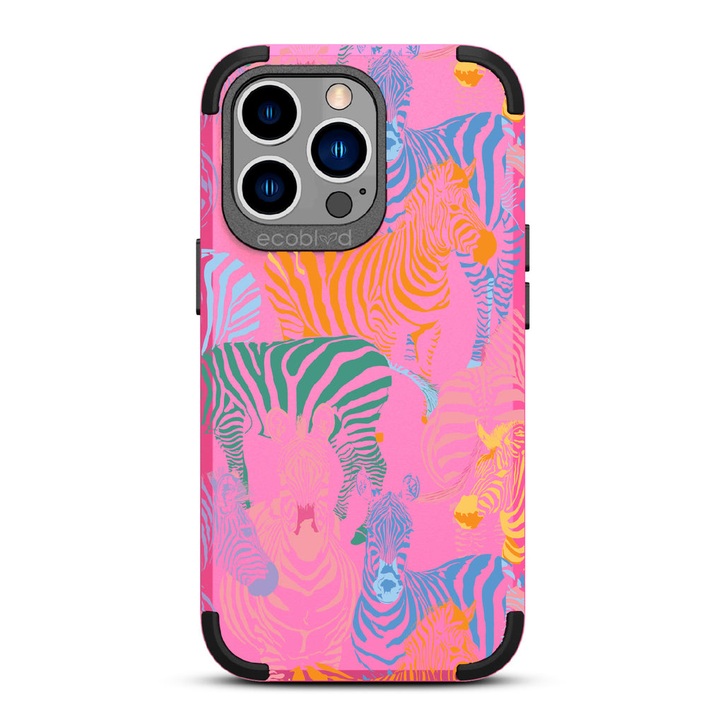 Colorful Herd - Pink Rugged Eco-Friendly iPhone 13 Pro Case With Zebras in Multiple Colors