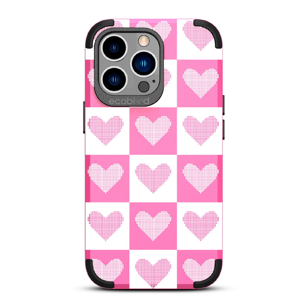 Quilty Pleasures - Pink Rugged Eco-Friendly iPhone 13 Pro Case With White Checkered Print With Knitted Hearts On Back
