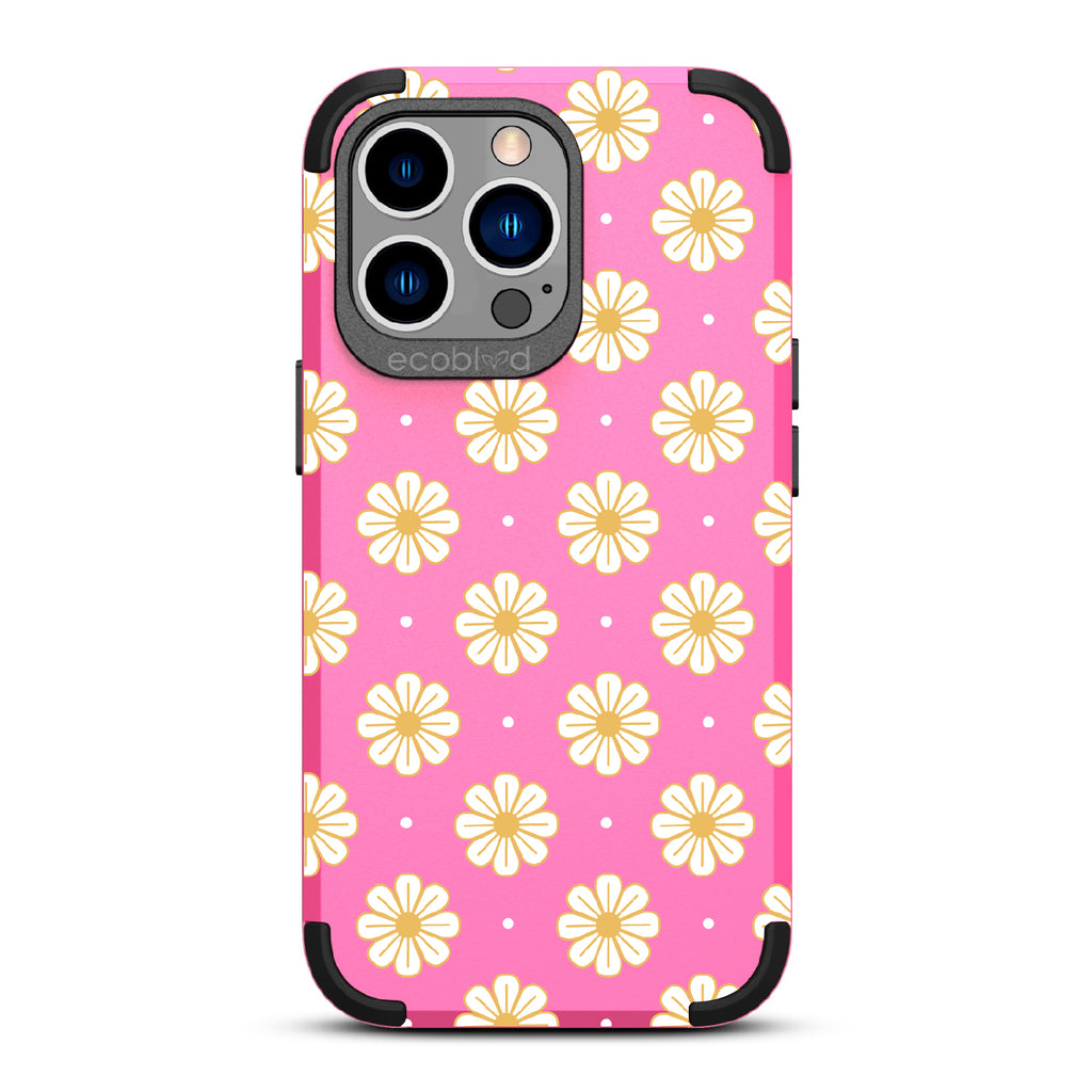 Daisy - Pink Rugged Eco-Friendly iPhone 12/13 Pro Max Case With A White Floral Pattern Of Daisies & Dots On Back