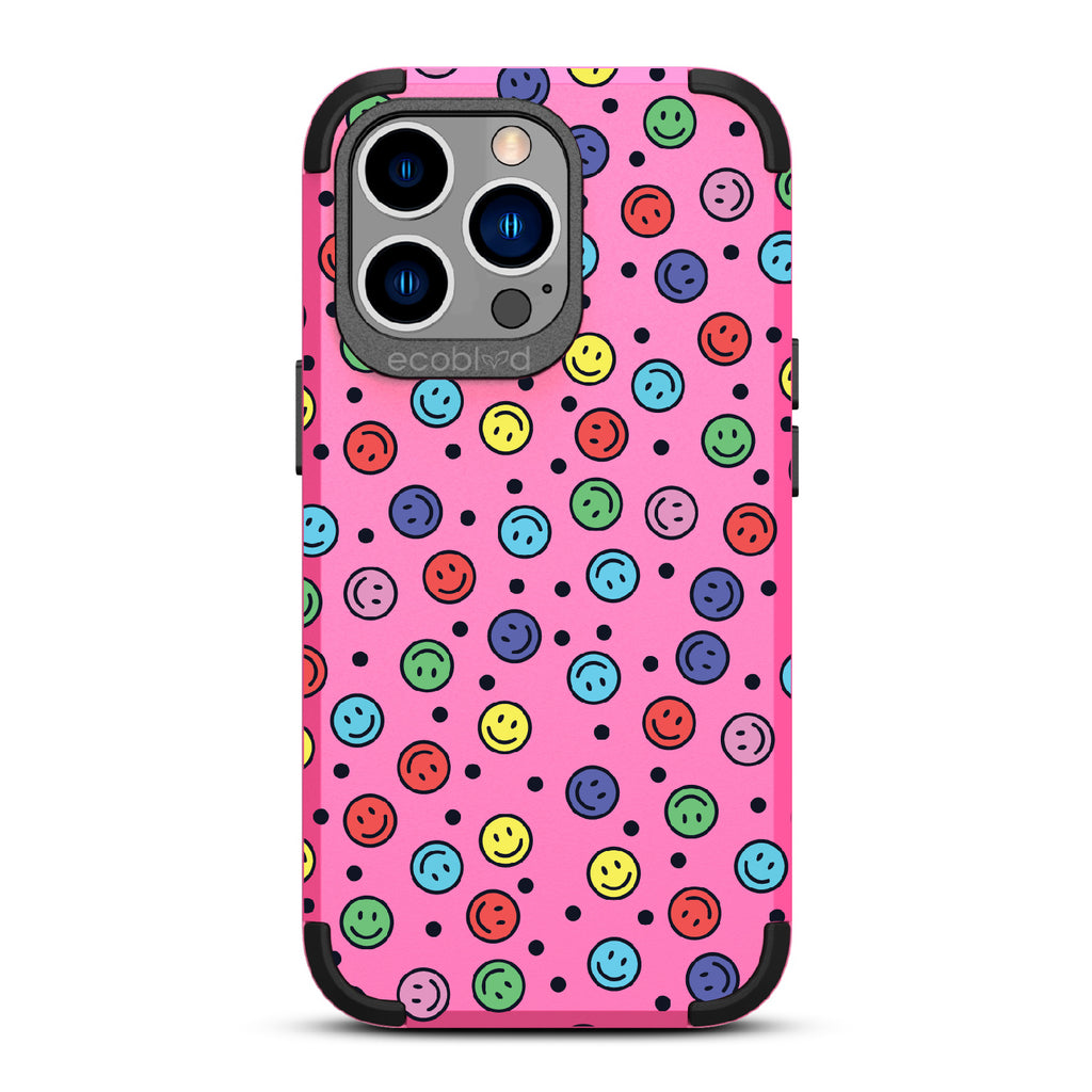 All Smiles - Pink Rugged Eco-Friendly iPhone 13 Pro Case With Multicolored Smiley Faces & Black Dots On Back