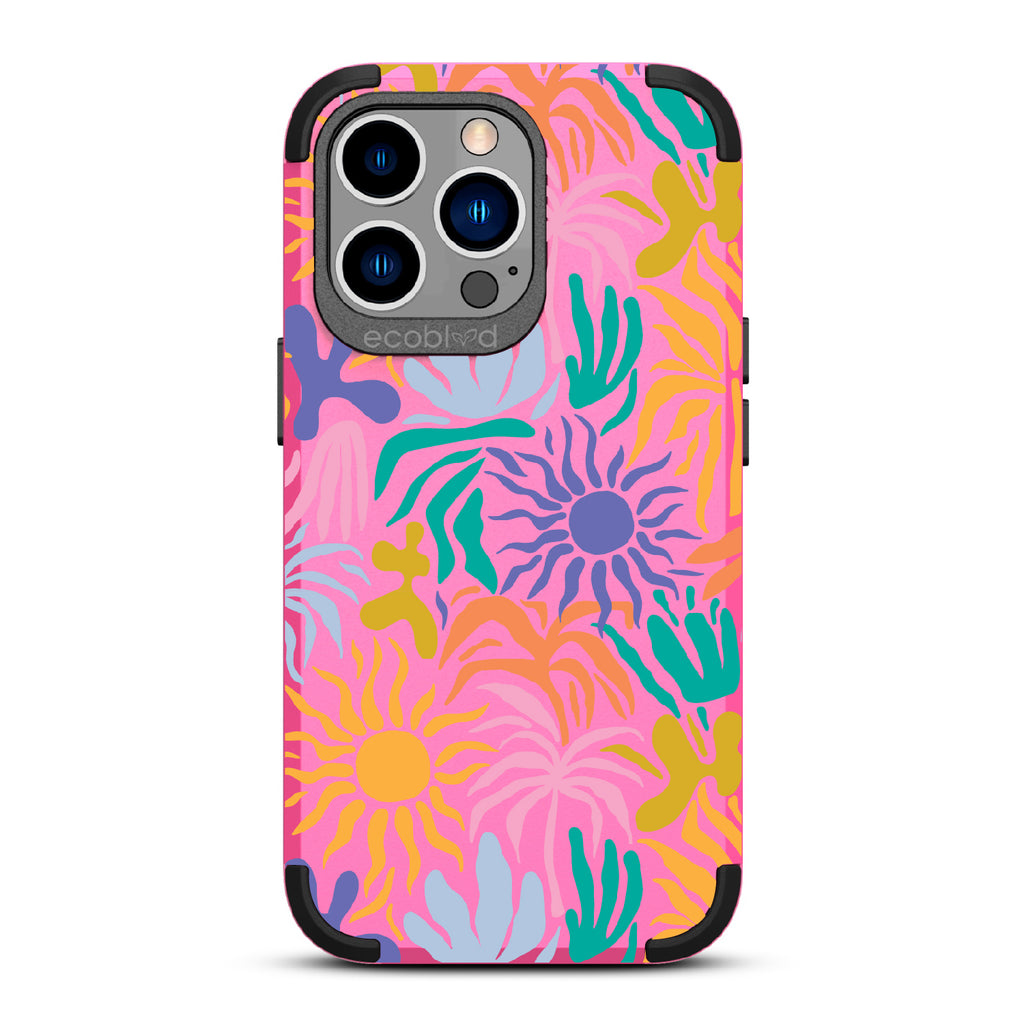 Sun-Kissed - Pink Rugged Eco-Friendly iPhone 13 Pro Case With Sunflower Print + The Sun As The Flower On Back
