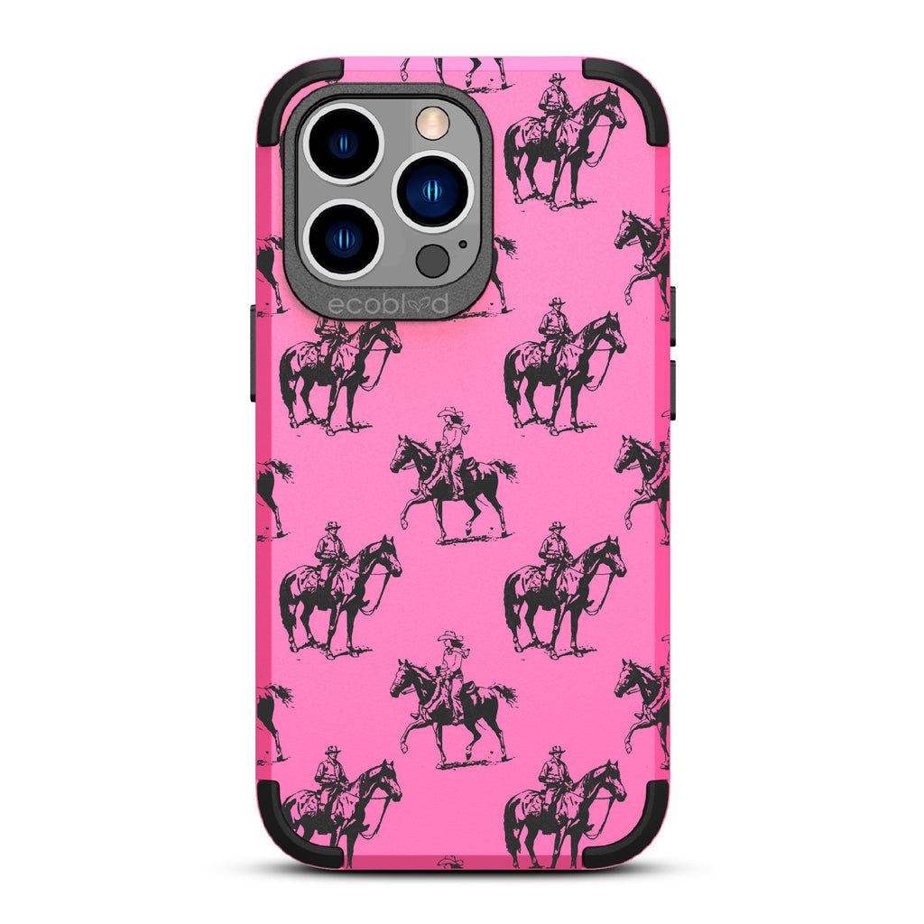 Horsin' Around  - Pink Rugged Eco-Friendly iPhone 13 Pro Case With Cowboys On Horseback On Back