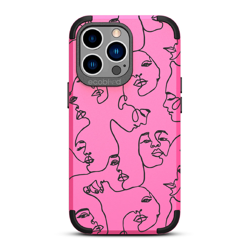 Delicate Touch - Pink Rugged Eco-Friendly iPhone 13 Pro Case With Line Art Of A Woman???? Face On Back