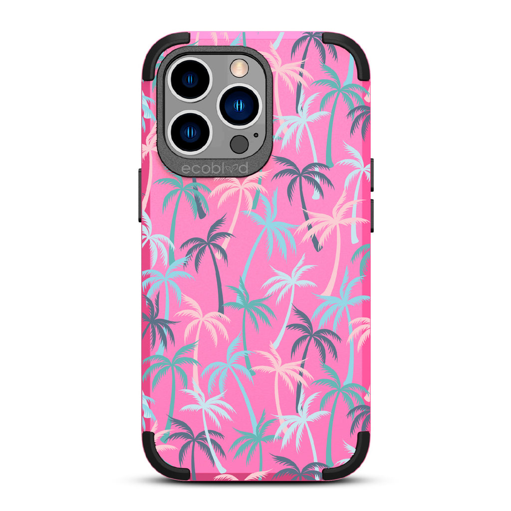Cruel Summer - Pink Rugged Eco-Friendly iPhone 13 Pro Case With Hotline Miami Colored Tropical Palm Trees On Back 