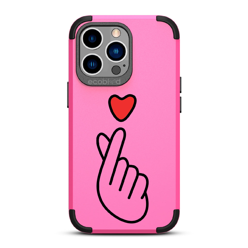 Finger Heart - Pink Rugged Eco-Friendly iPhone 12/13 Pro Max Case With Red Heart Above Hand With Index Finger & Thumb Crossed On Back