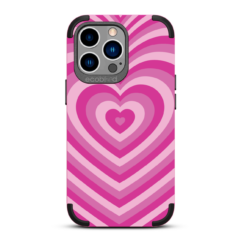 Tunnel Of Love - Pink Rugged Eco-Friendly iPhone 13 Pro Case With A Small Heart Gradually Growing Larger On Back