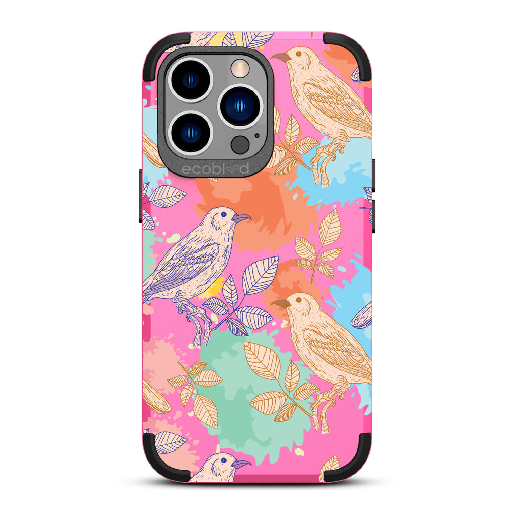 Perch Perfect - Pink Rugged Eco-Friendly iPhone 13 Pro With Birds On Branches & Splashes Of Color