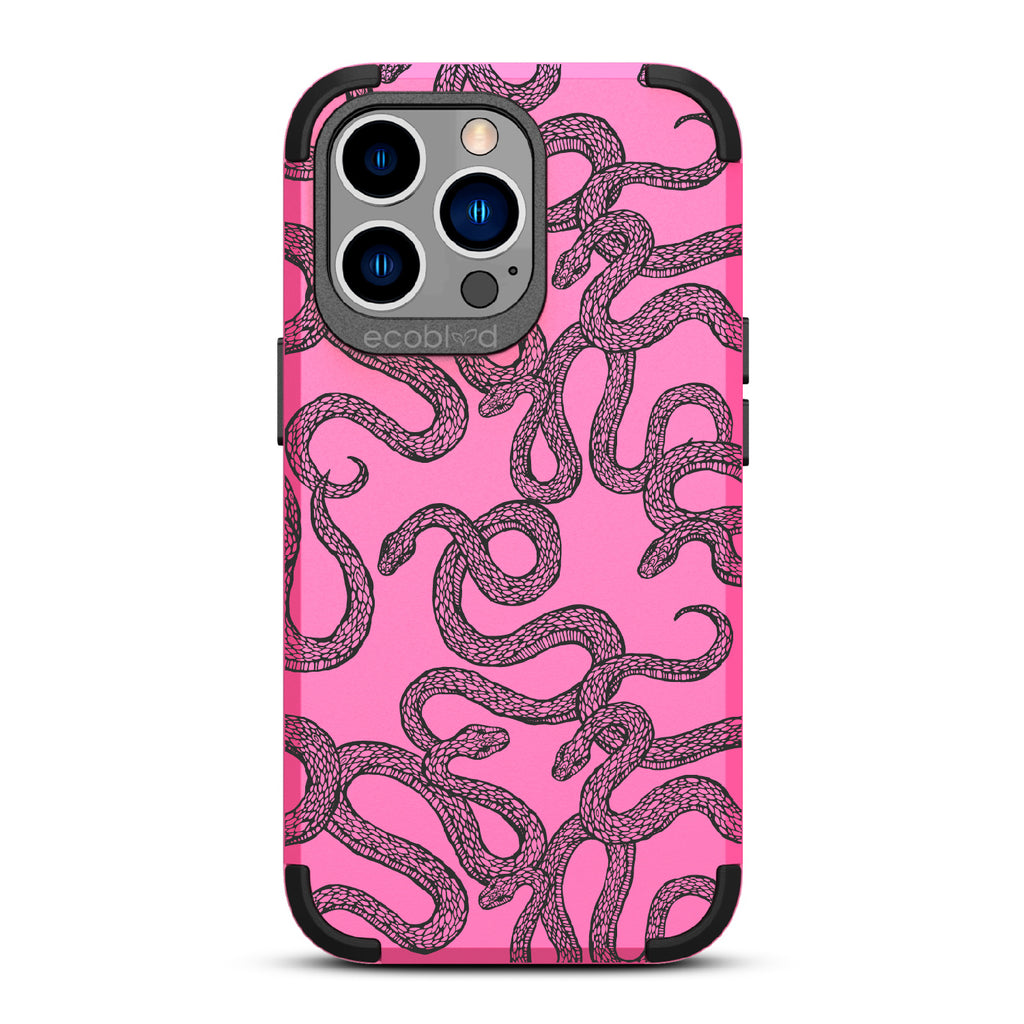Slithering Serpent - Pink Rugged Eco-Friendly iPhone 13 Pro Case With Diamondback Snakes On Back