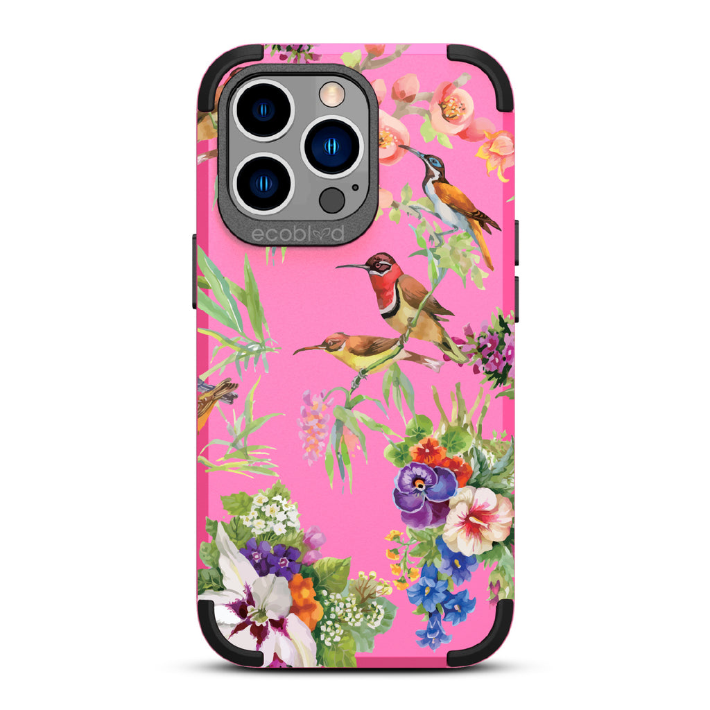 Sweet Nectar - Pink Rugged Eco-Friendly iPhone 13 Pro With Hummingbirds, Colorful Garden Flowers