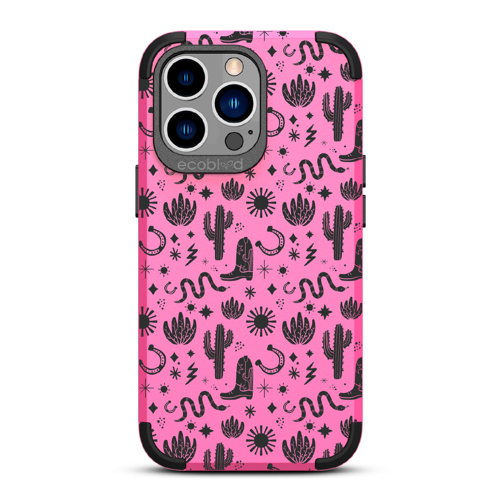 Wild West - Pink Rugged Eco-Friendly iPhone 13 Pro Case With Cowboy Boots, Horseshoe, Cacti, Snakes & Suns On Back